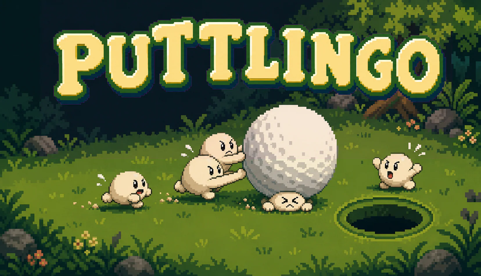 Puttlingo pixel-art game cover featuring characters pushing a large stone toward a hole