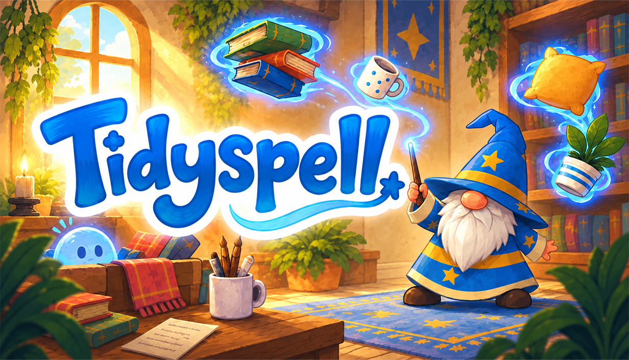 Tidyspell wizard key art in a magical study