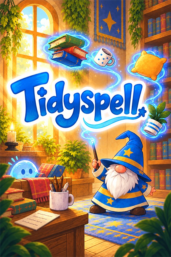 Portrait Tidyspell wizard key art in a magical study