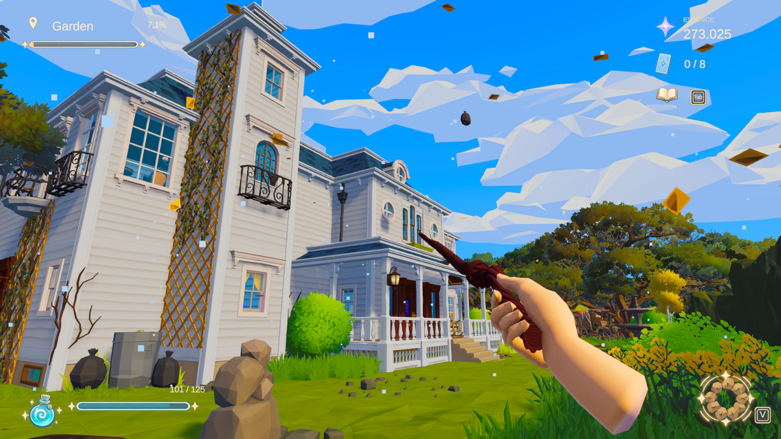 The exterior of Tidyspell’s magical house and garden