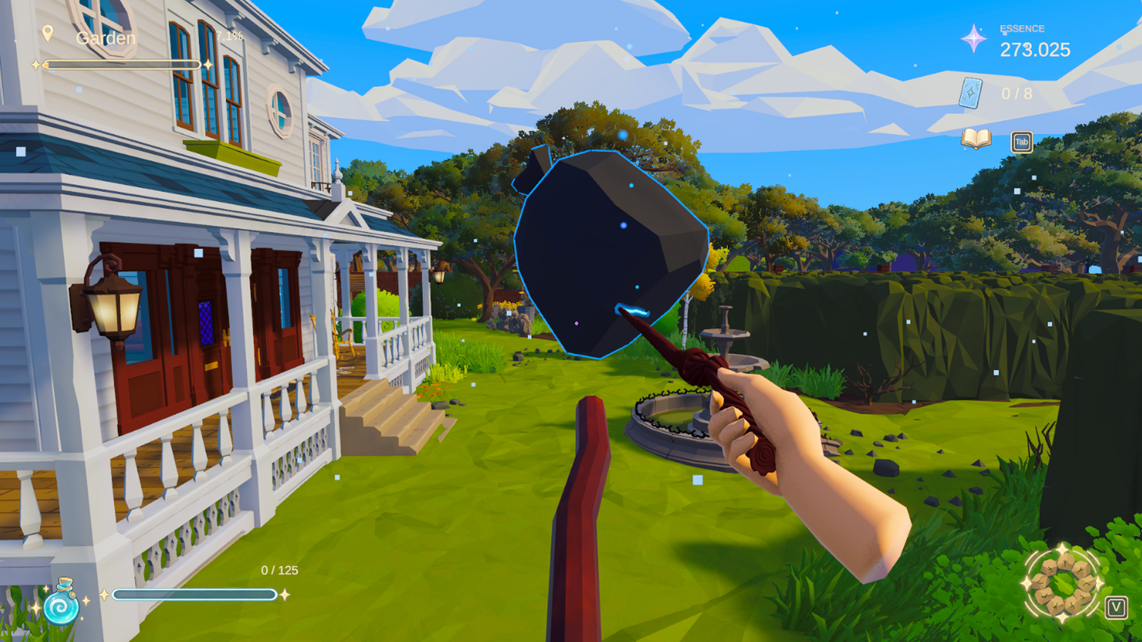 Using a magic wand to levitate a bag in Tidyspell’s garden