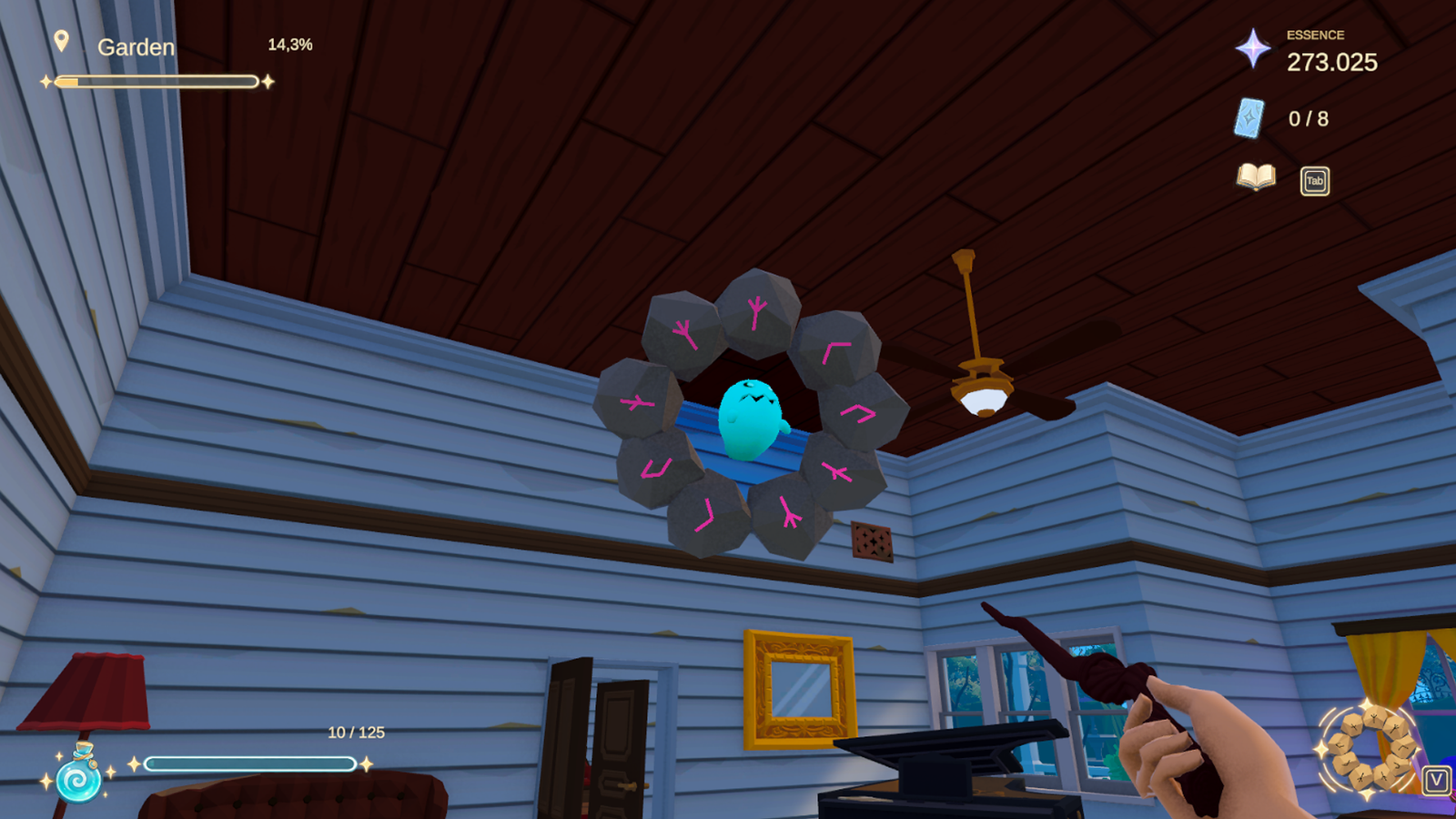 A magical rune portal and a friendly blue creature inside the house